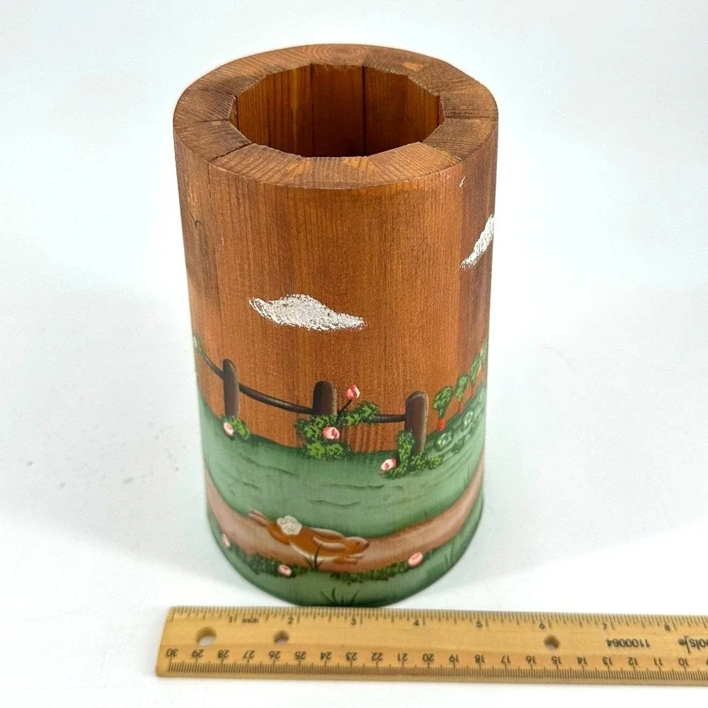 Handpainted Wooden Rolling Pin and Crock Set Country Farmhouse‎ Folk Art Bunnies